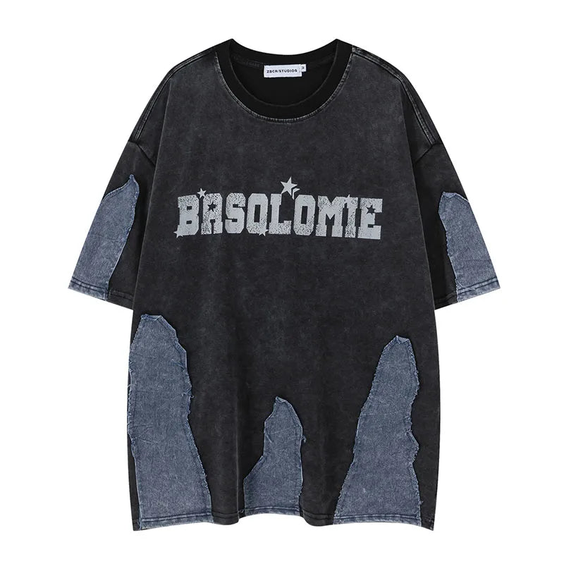 Oversized Hi Street Printed T shirts Short Sleeves Jeans Patchwork Top Tees For Male Hip Hop