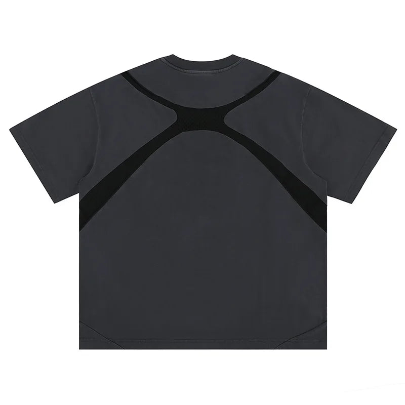 Vintage Hi Street Techwear Casual Tshirt Short Sleeves  Streetwear Top Tees Cotton Patchwork