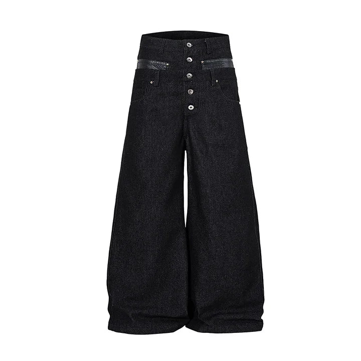 Vintage Hi Street Black Jeans Pants Rivet Style Leather Patchwork Denim Trousers For Male Loose Fit