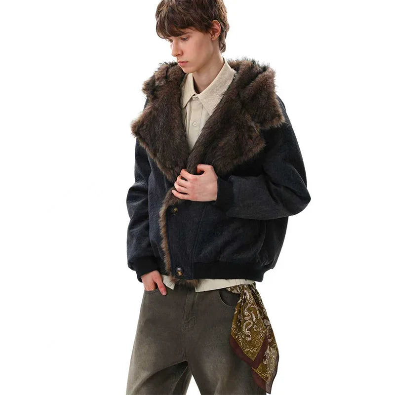 Vintage Hip Hop Warm Jacket Coats Harakuju Thermal Casual Outwear Tops For Male Patchwork