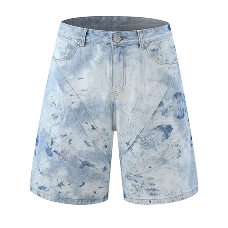 Hi Street Printed Casual Jeans Shorts Streetwear Washed Straight Denim Short For Male Patchwork