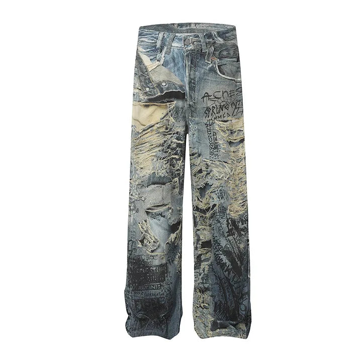 Hi Street 3D Printed Jeans Pants Streetwear Harakuju Vintage Denim Trousers For Male Hip Hop