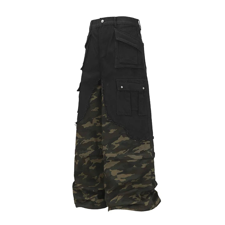 Hi Street Cargo Camouflage Jeans Pants Detachable Baggy Casual Denim Trousers For Male Patchwork