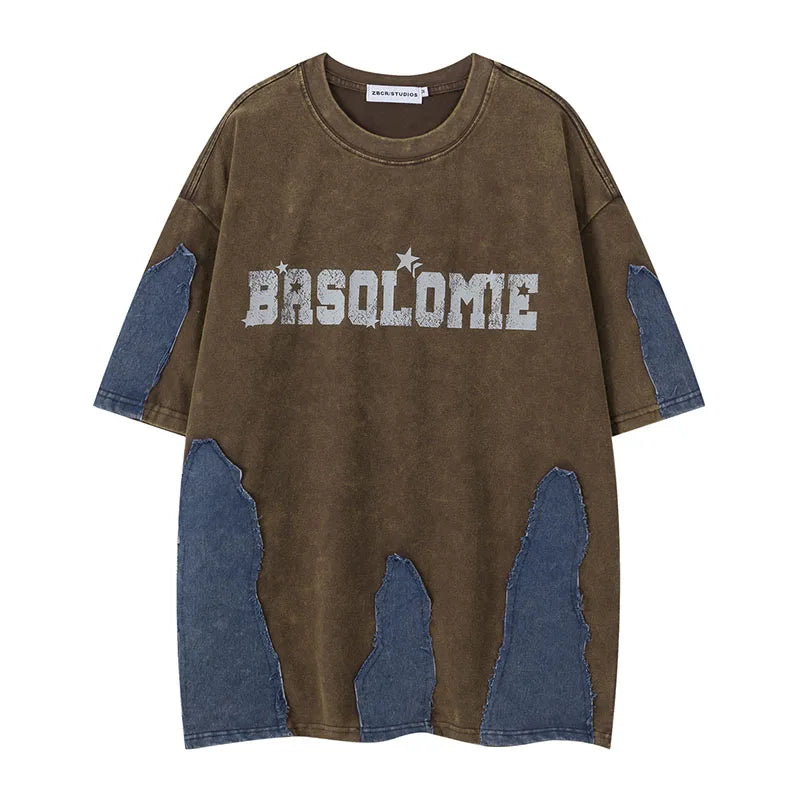 Oversized Hi Street Printed T shirts Short Sleeves Jeans Patchwork Top Tees For Male Hip Hop
