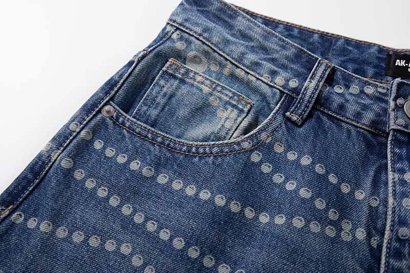 Hi Street Vintage Printed Jeans Pants Blue Streetwear Loose Denim Trousers For Male Hip Hop