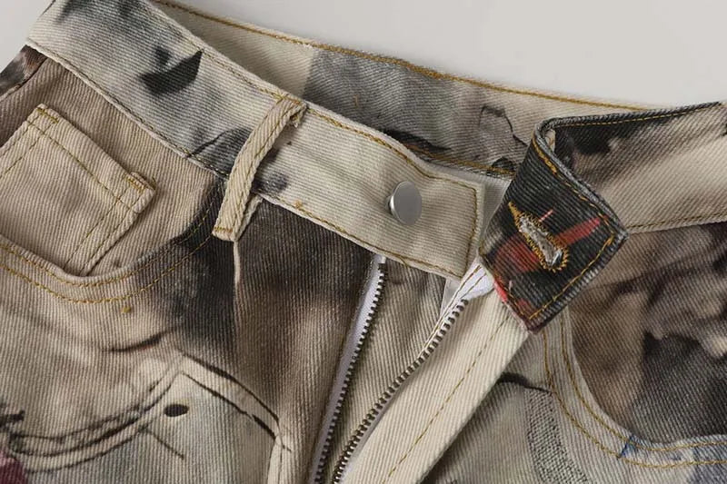 Graffiti Printed Vintage Jeans Pants Loose Streetwear Splashed Ink Casual Denim Trousers For Male