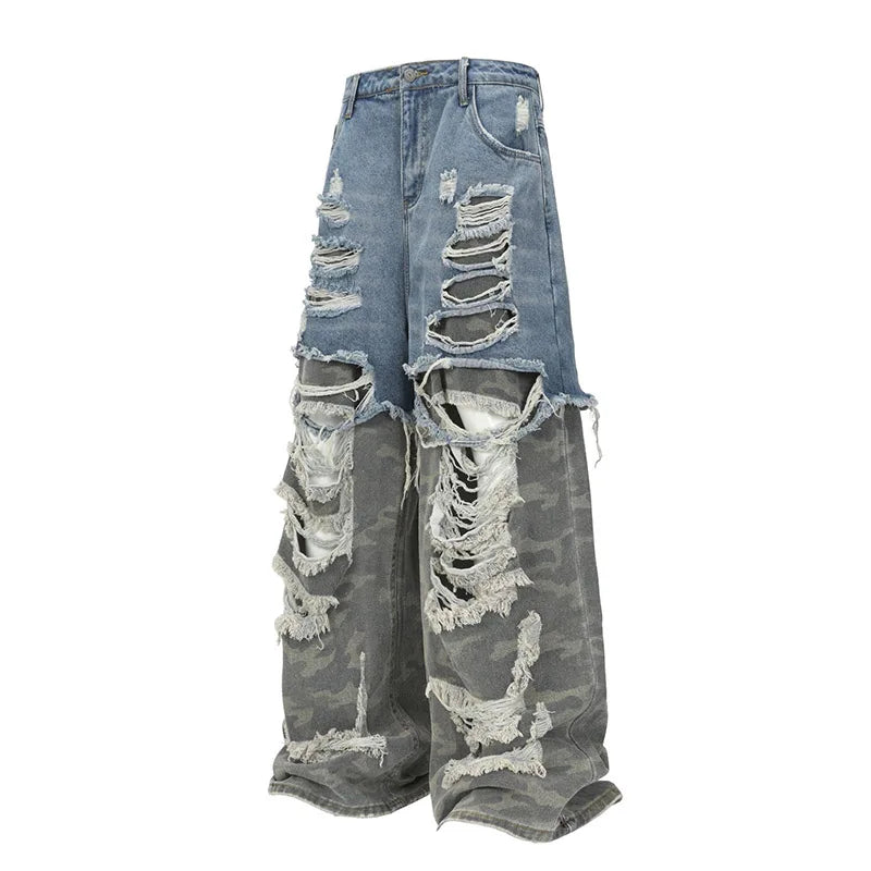 Harakuju Vintage Casual Jeans Pants Washed Hip Hop Camouflage Denim Trousers For Male Patchwork