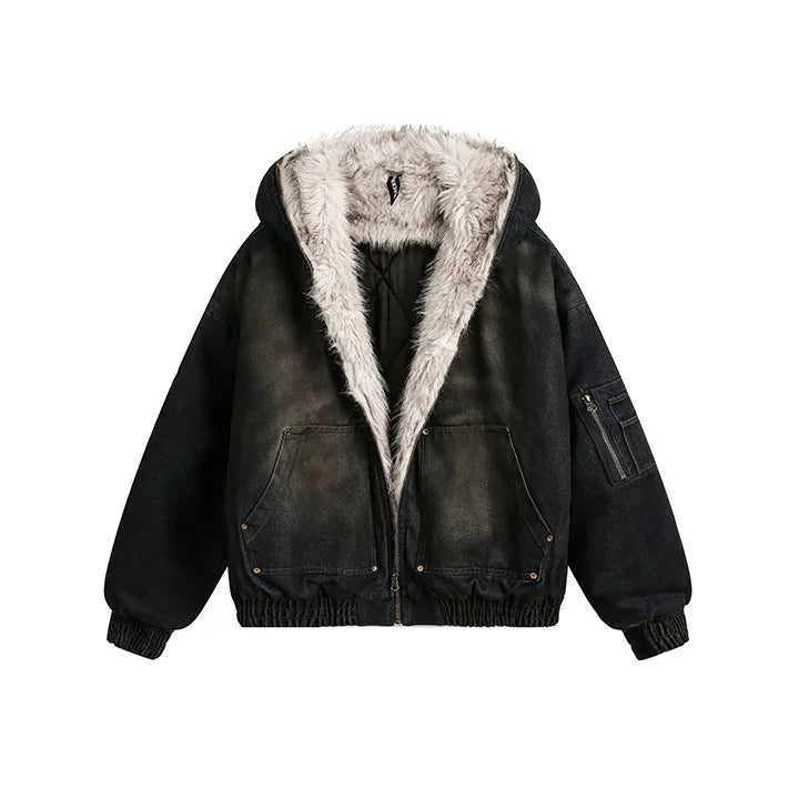 Oversized Hip Hop Winter Denim Parkas Vintage Harakuju Streetwear Casual Jackets Coats For Male With Fur Collar