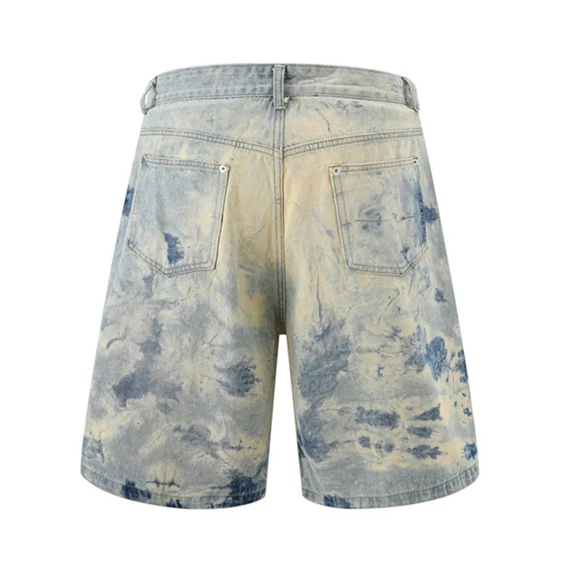 Hi Street Printed Casual Jeans Shorts Streetwear Washed Straight Denim Short For Male Patchwork