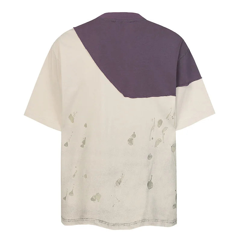 Vintage Irregular Patchwork Casual T shirt Washed Streetwear HipHop Top Tees For Male