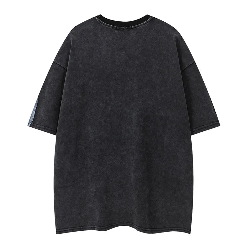 Oversized Hi Street Printed T shirts Short Sleeves Jeans Patchwork Top Tees For Male Hip Hop