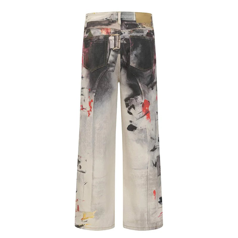 Graffiti Printed Vintage Jeans Pants Loose Streetwear Splashed Ink Casual Denim Trousers For Male