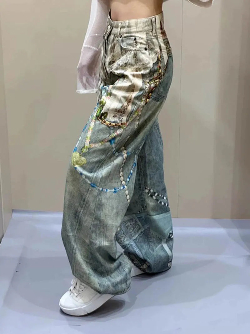 Hip Hop Vintage Pearl Printed Jeans Pants Harakuju Loose Baggy Denim Trousers For Unisex