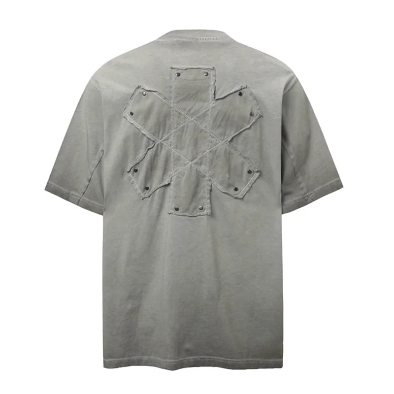 Vintage Hi Street Summer Casual Tshirt Short Sleeves  Streetwear Top Tees  For Male Patchwork