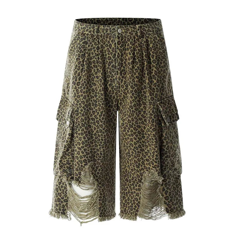 Summer Lepoard Printed Ripped Jeans Shorts Streetwear Washed Loose Denim Shorts For Male Hip Hop