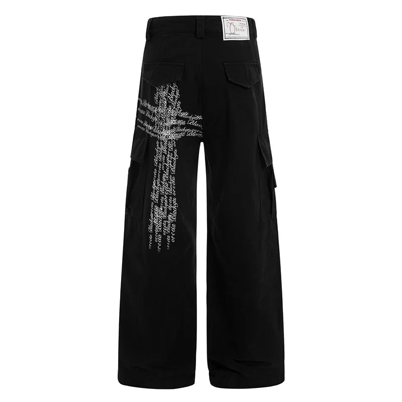 Hi Street Printed Cargo Pants Multi Pockets Streetwear Casual Trousers For Male Patchwork