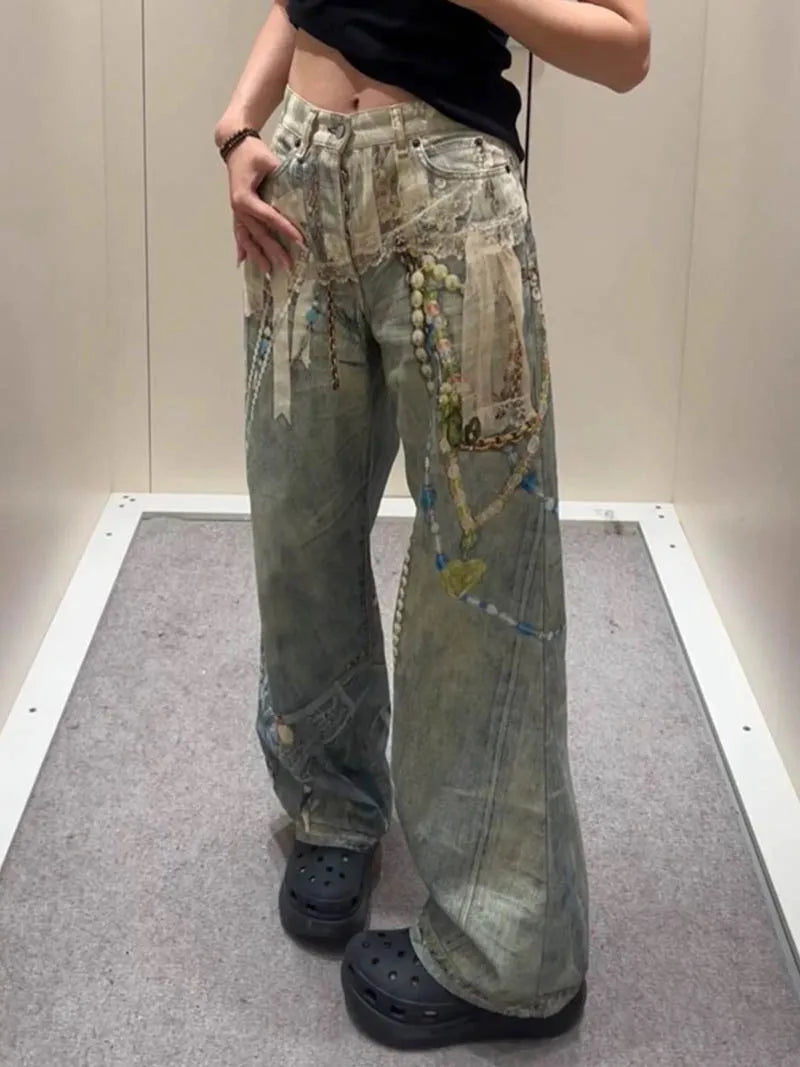 Hip Hop Vintage Pearl Printed Jeans Pants Harakuju Loose Baggy Denim Trousers For Unisex