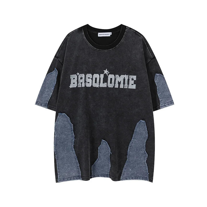 Oversized Hi Street Printed T shirts Short Sleeves Jeans Patchwork Top Tees For Male Hip Hop