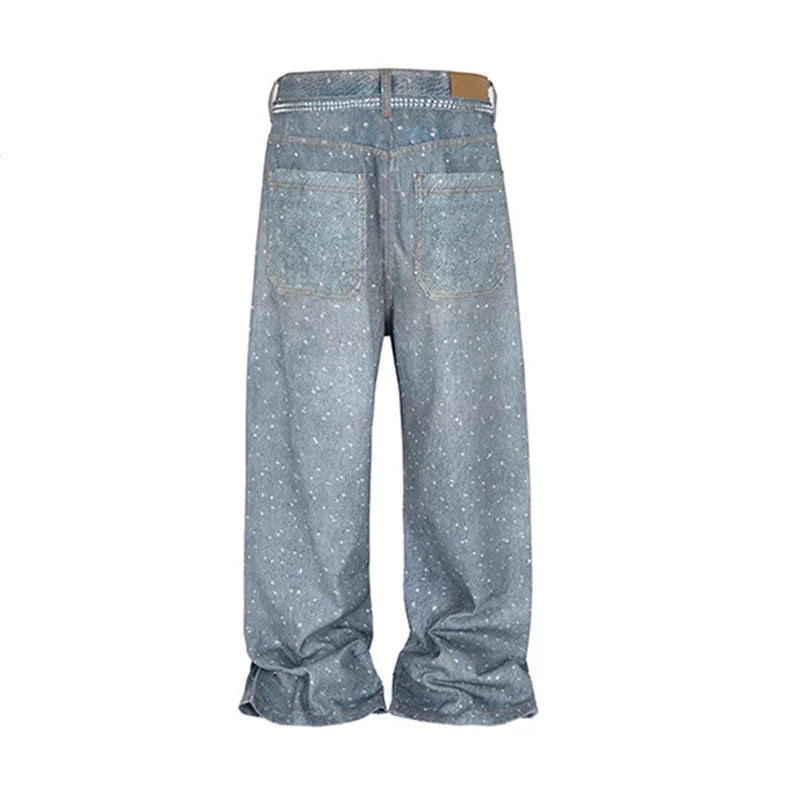 Hi Street Baggy Casual Rhinestone Jeans Pants Vintage Harakuju Streetwear Denim Trousers For Male Straight