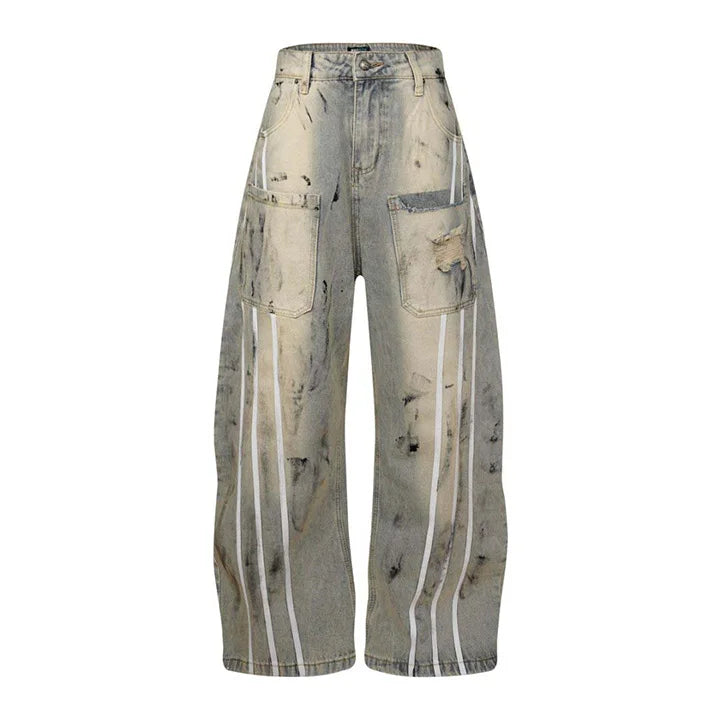 Hi Street Ripped Casual Jeans Pants Multi Pockets Loose Streetwear Denim Trousers For Male