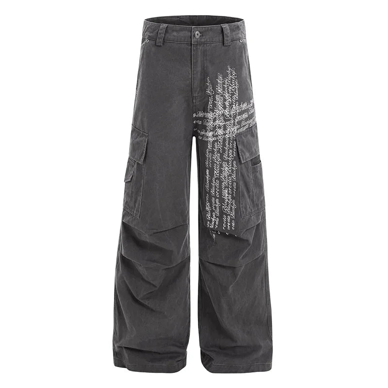 Hi Street Printed Cargo Pants Multi Pockets Streetwear Casual Trousers For Male Patchwork