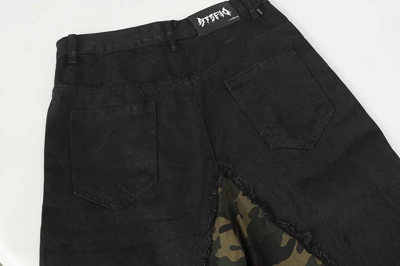 Hi Street Cargo Camouflage Jeans Pants Detachable Baggy Casual Denim Trousers For Male Patchwork