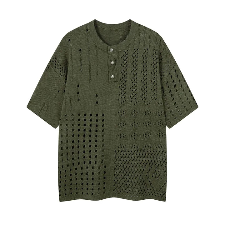 Vintage Hi Street Hollow out Tshirt Short Sleeves Streetwear Top Tees  For Male Patchwork