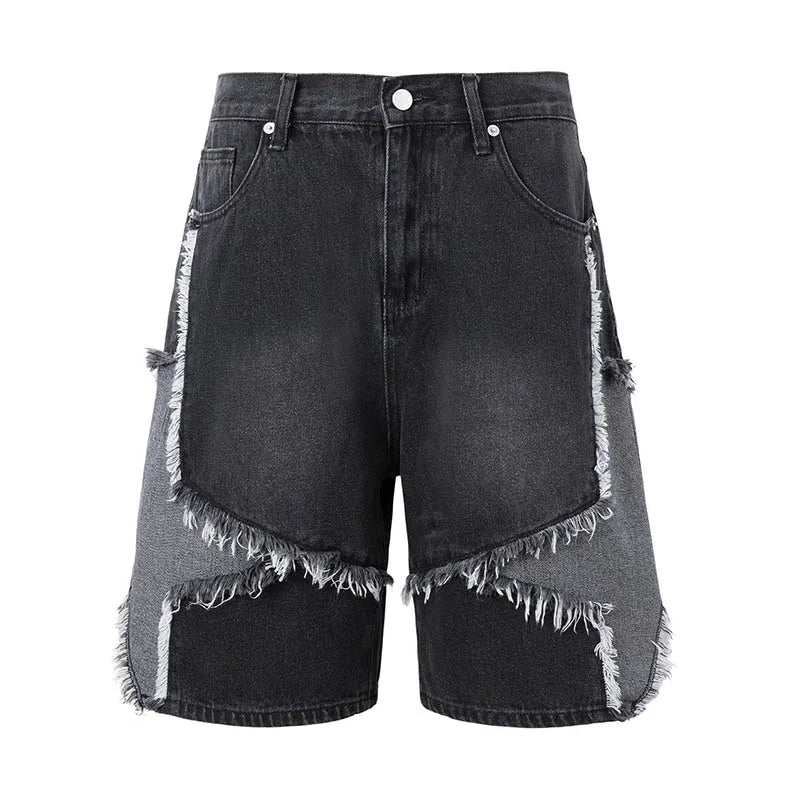 Hip Hop Star Pattern Casual Jeans Shorts Streetwear Washed Loose Denim Shorts For Male Patchwork
