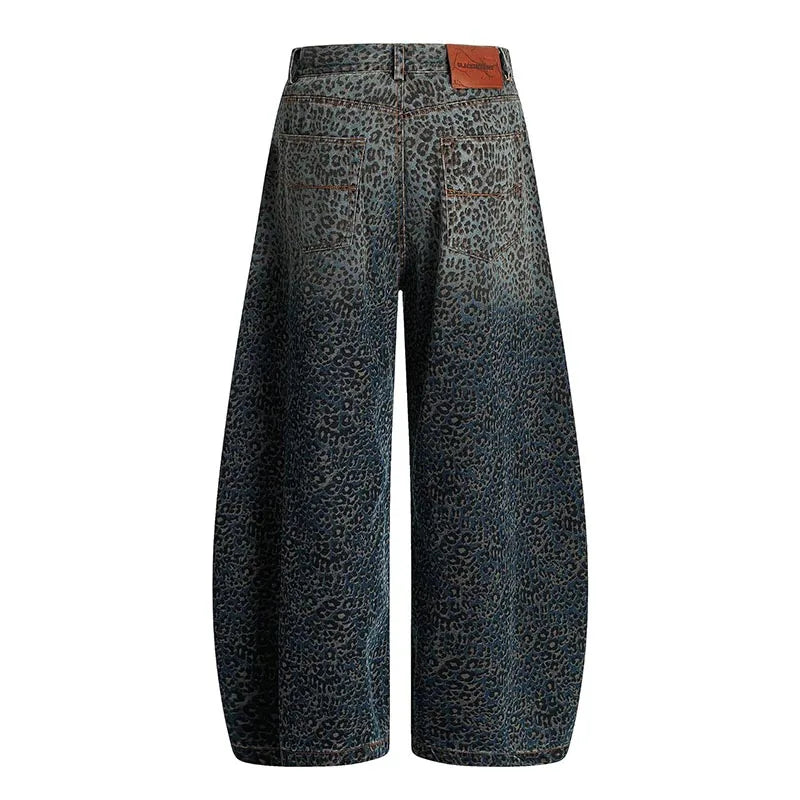 Hi Street Lepoard Printed Jeans Pants Loose Streetwear Casual Denim Trousers For Male Vintage