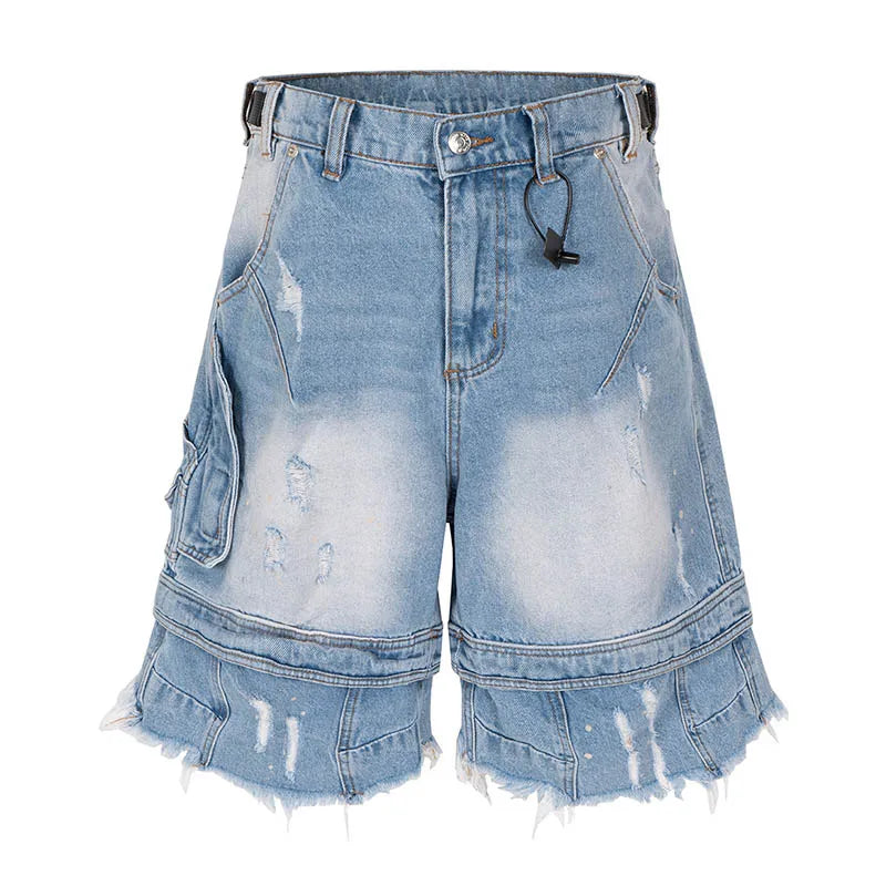Vintage Hip Hop Ripped Jeans Short Streetwear Harakuju Casual Denim Short For Male Multi Pockets