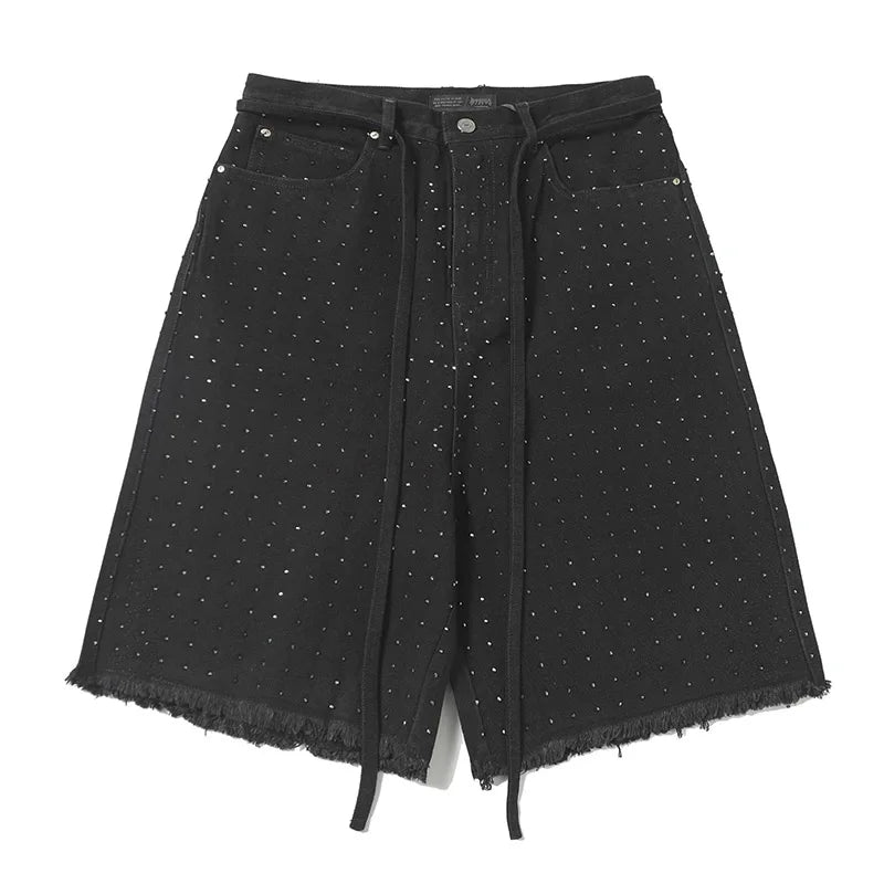 Hip Hop Fashion Rhinestone Jeans Short Streetwear Black Casual Denim Short For Male Harakuju