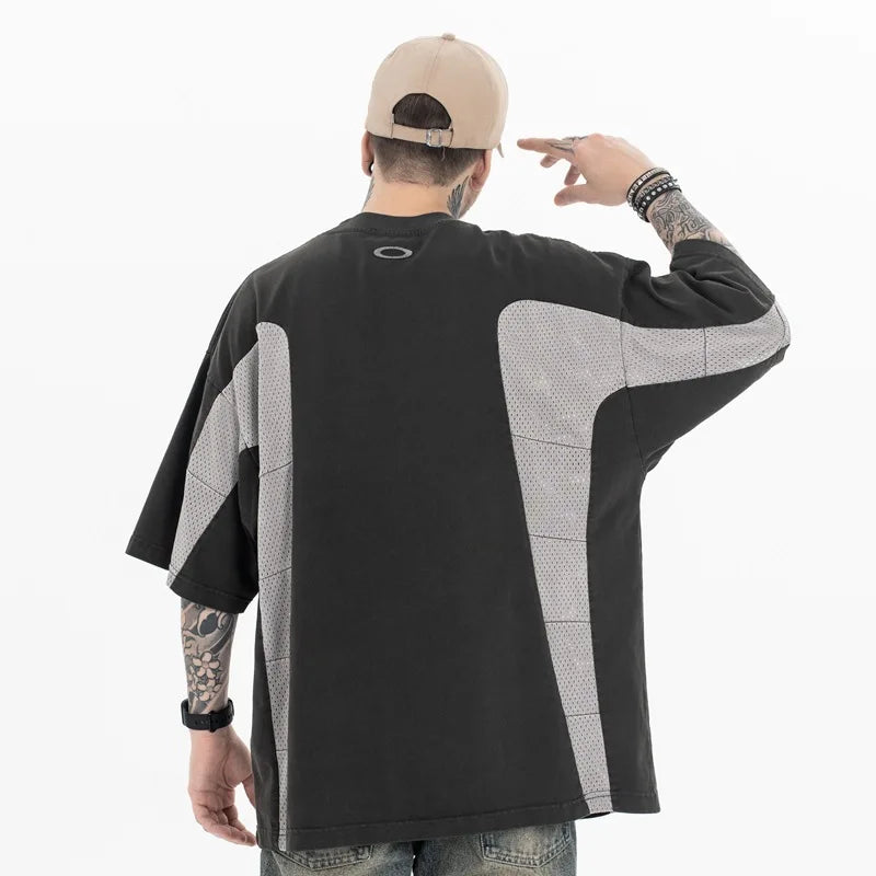 Oversized Hip Hop Streetwear T-shirt Harakuju Color Block Vintage Top Tees For Male Breathable