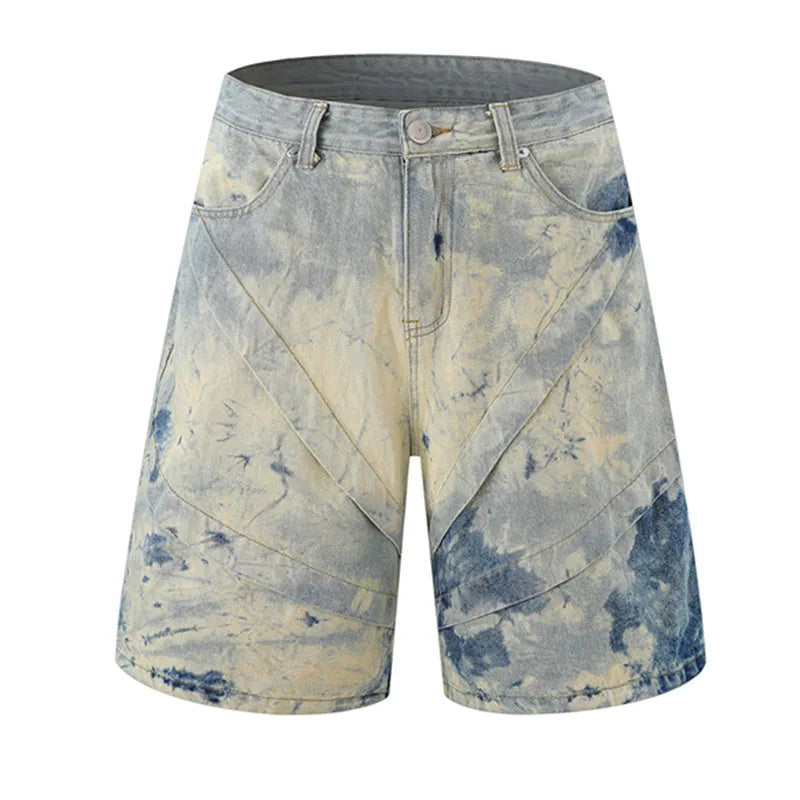 Hi Street Printed Casual Jeans Shorts Streetwear Washed Straight Denim Short For Male Patchwork