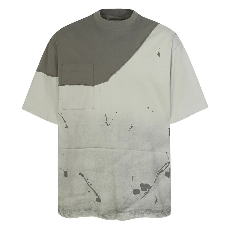 Vintage Irregular Patchwork Casual T shirt Washed Streetwear HipHop Top Tees For Male