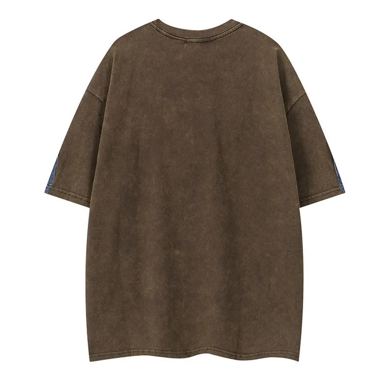 Oversized Hi Street Printed T shirts Short Sleeves Jeans Patchwork Top Tees For Male Hip Hop