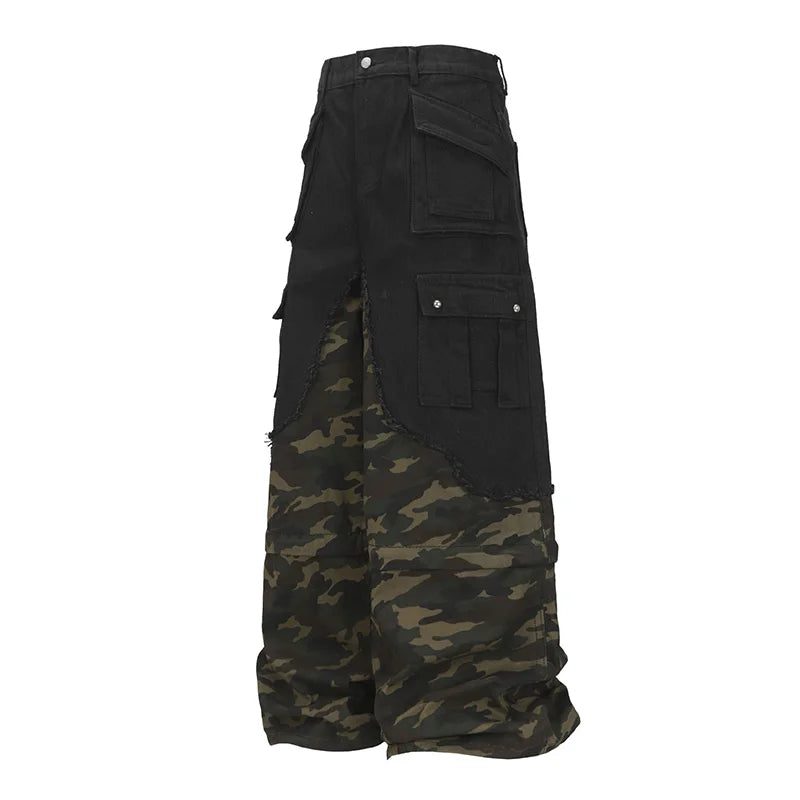 Hi Street Cargo Camouflage Jeans Pants Detachable Baggy Casual Denim Trousers For Male Patchwork