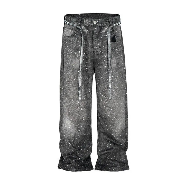 Hi Street Baggy Casual Rhinestone Jeans Pants Vintage Harakuju Streetwear Denim Trousers For Male Straight