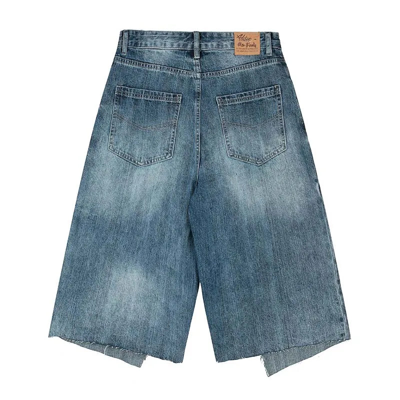 Vintage Hip Hop Irregular patchwork Jeans Shorts Streetwear Harakuju Casual Denim Shorts For Male Blue