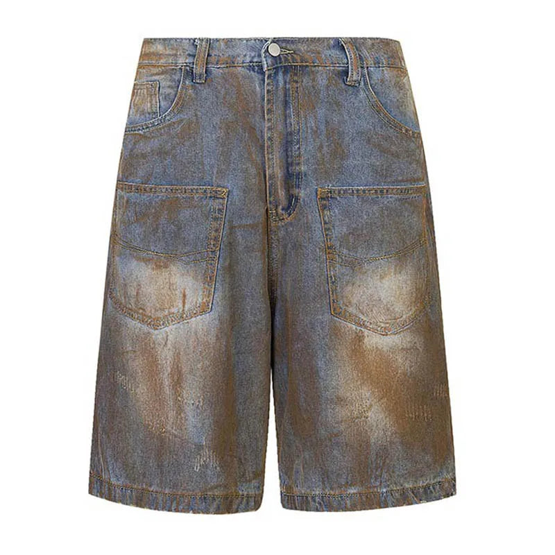 Hi Street Printed Casual Denim Shorts Hip Hop Baggy Streetwear Jeans Shorts For Male