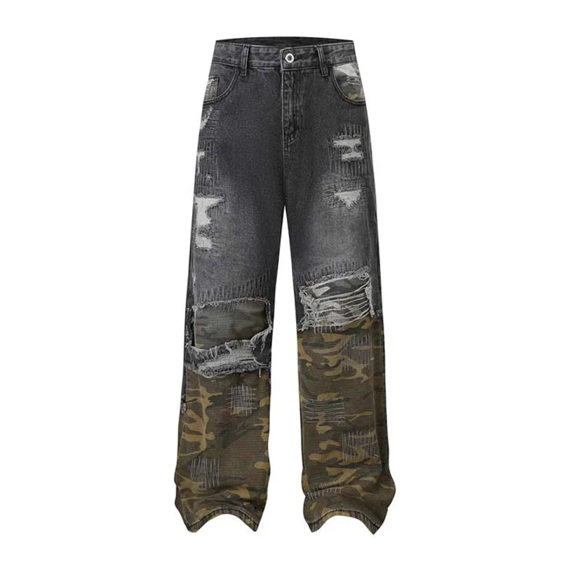 Camouflage Patchwork Jeans Pants Men Hip Hop Streetwear Washed Denim Trousers Straight Distressed