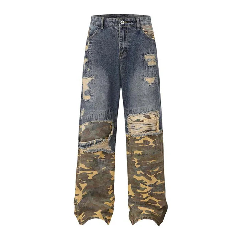 Camouflage Patchwork Jeans Pants Men Hip Hop Streetwear Washed Denim Trousers Straight Distressed