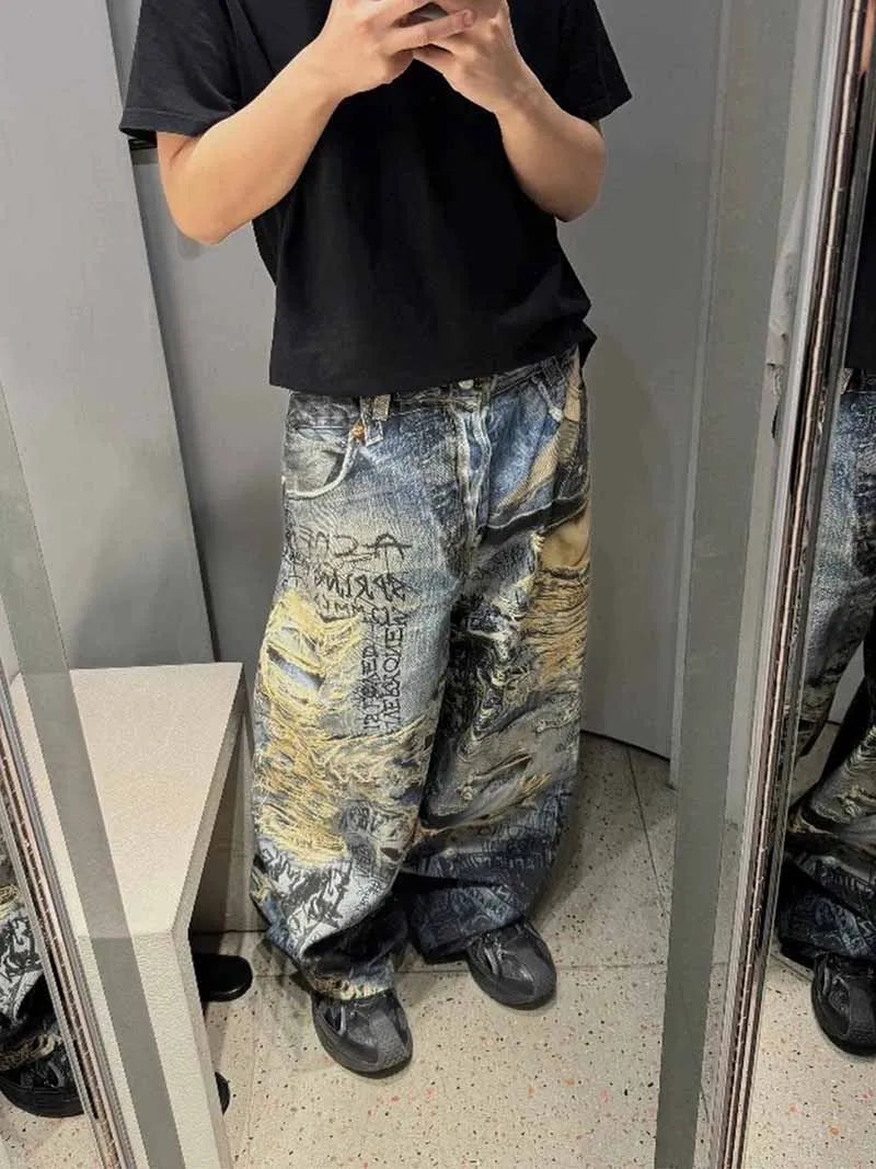 Hi Street 3D Printed Jeans Pants Streetwear Harakuju Vintage Denim Trousers For Male Hip Hop