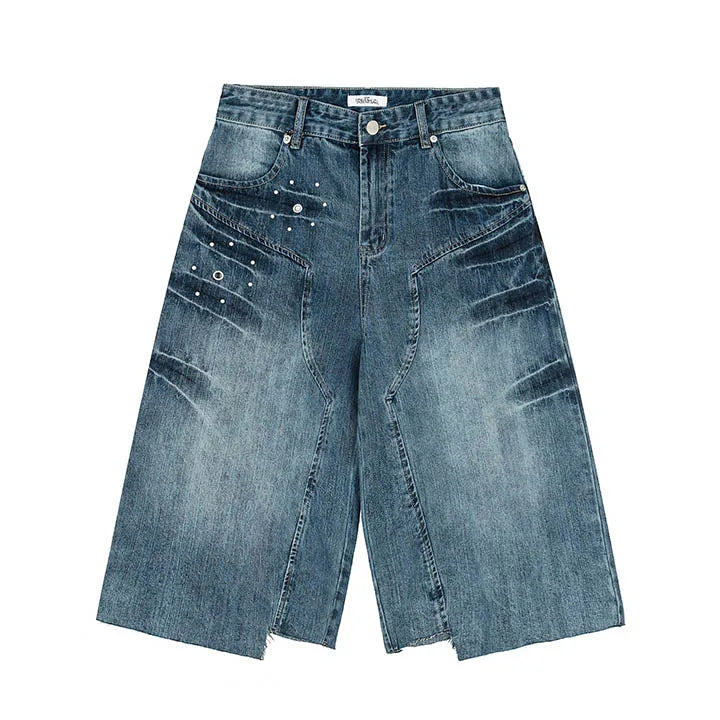 Vintage Hip Hop Irregular patchwork Jeans Shorts Streetwear Harakuju Casual Denim Shorts For Male Blue