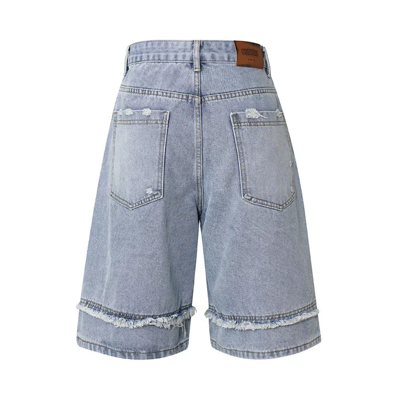 Vintage Hip Hop Washed Denim Shorts Hi Street Baggy Loose Jeans Shorts For Male Patchwork