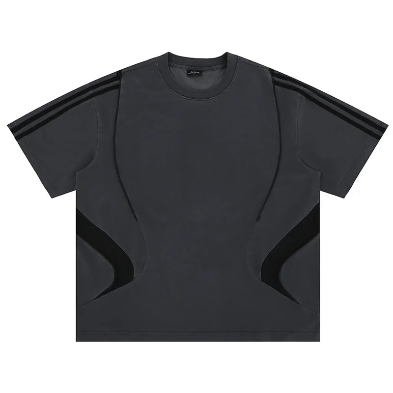 Vintage Hi Street Techwear Casual Tshirt Short Sleeves  Streetwear Top Tees Cotton Patchwork