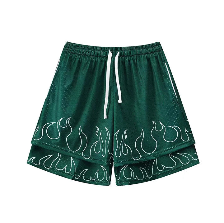 Hip Hop Flame Printed Shorts Streetwear Elastic Waist Casual Short Pants For Male Loose Fit