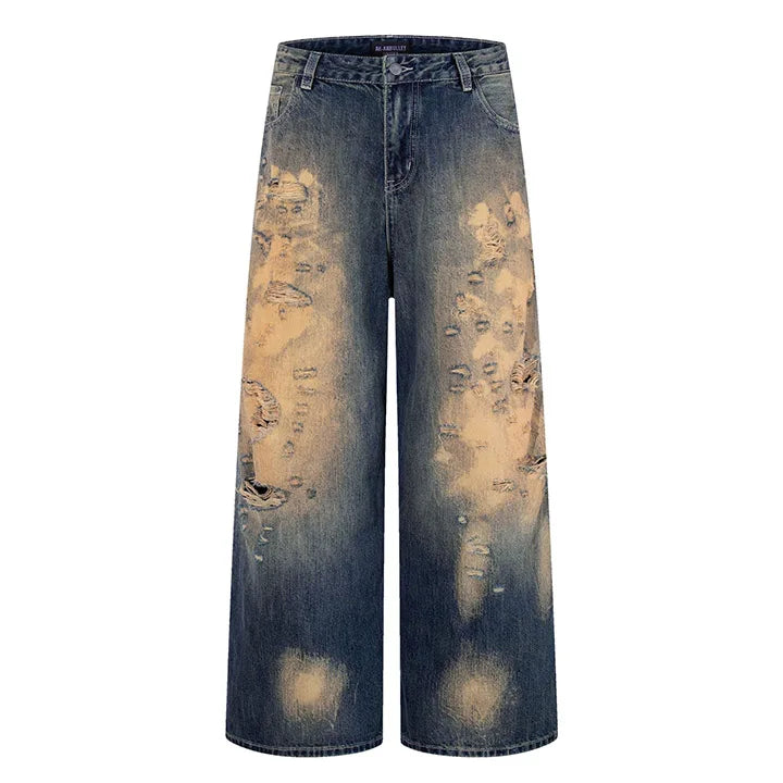 Hi Street Ripped Casual Jeans Pants Washed Loose Straight Denim Trousers For Male