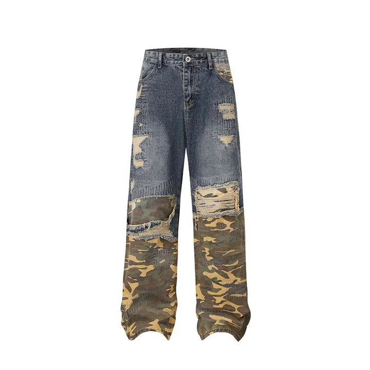 Camouflage Patchwork Jeans Pants Men Hip Hop Streetwear Washed Denim Trousers Straight Distressed