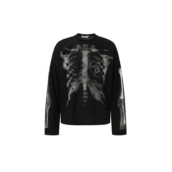 Oversized Hip Hop Skeleton Graphic T shirts Harakuju Streetwear Casual Top Tees For Male Long Sleeves