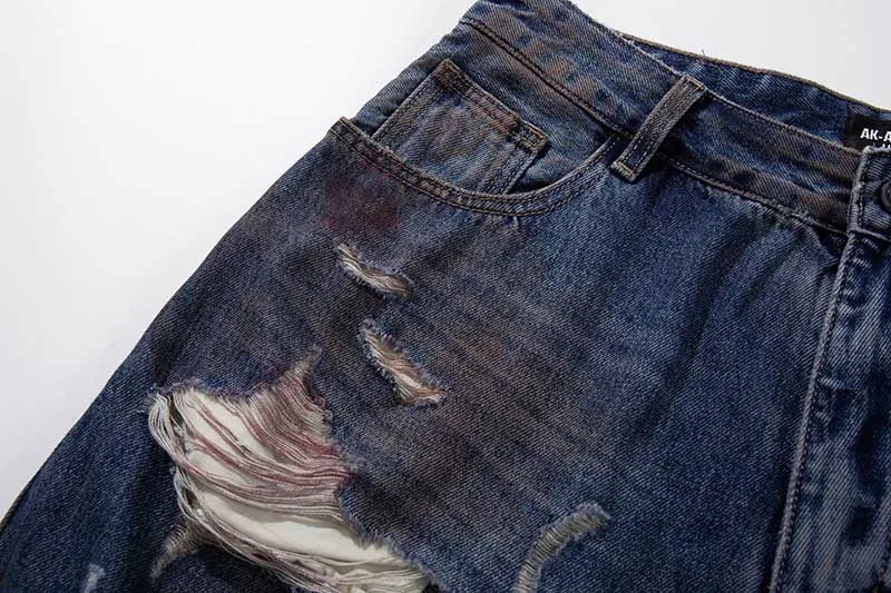 Hip Hop Baggy Ripped Jeans Pants Straight Loose Washed Denim Trousers For Male Blue